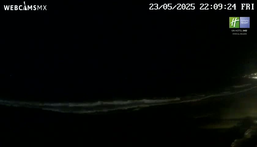 A dark, nighttime beach scene shows gently lapping waves under a clear, starless sky.