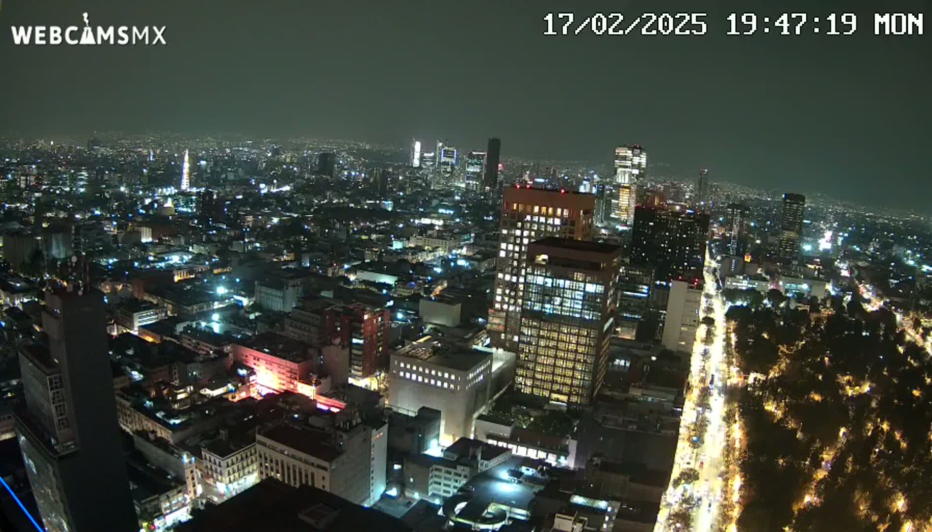 A nighttime, high-angle view of a sprawling city illuminated by streetlights and building lights, with a dark sky above.