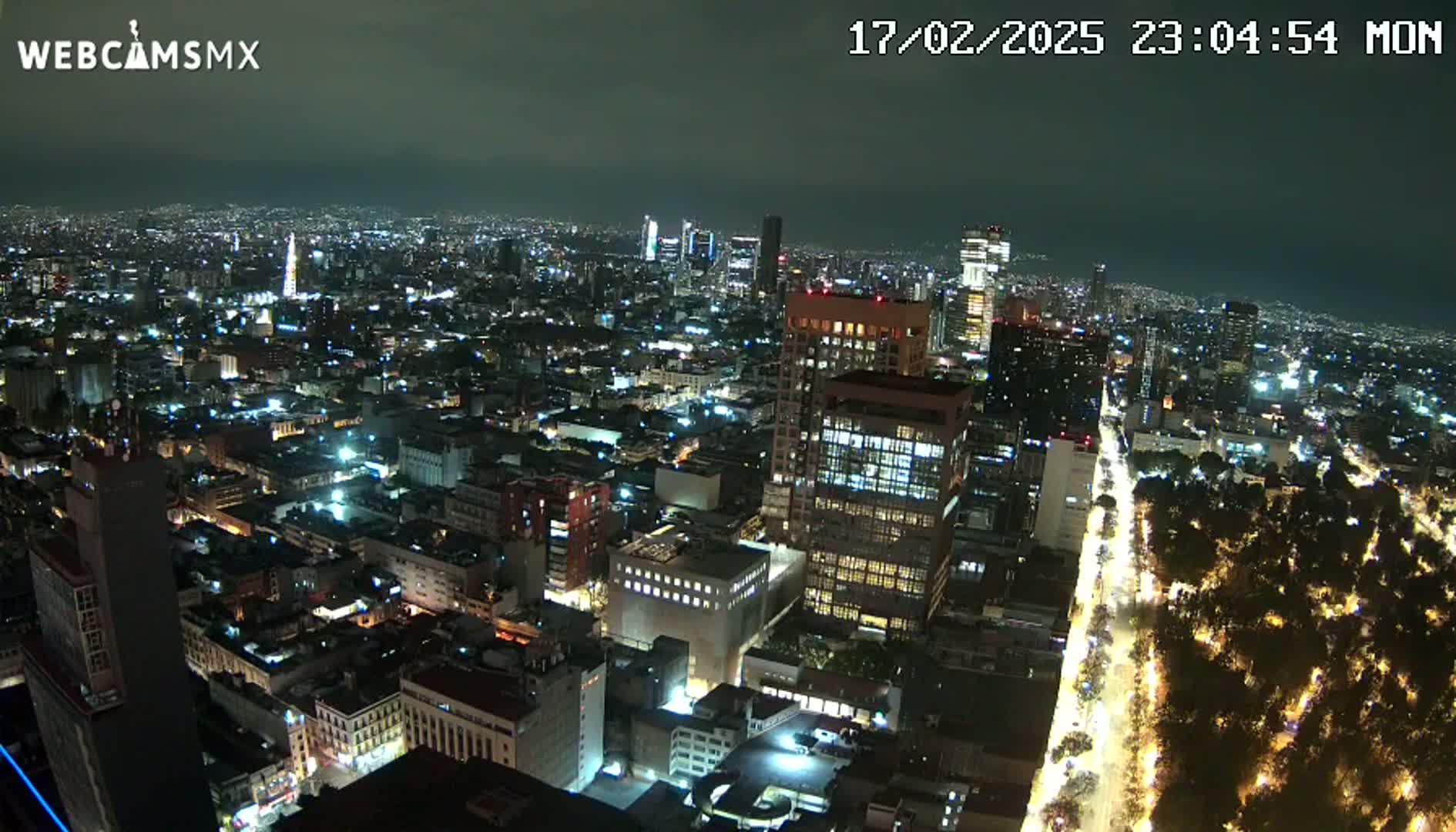 A nighttime aerial view of a sprawling city with brightly lit buildings and streets, under a dark sky.