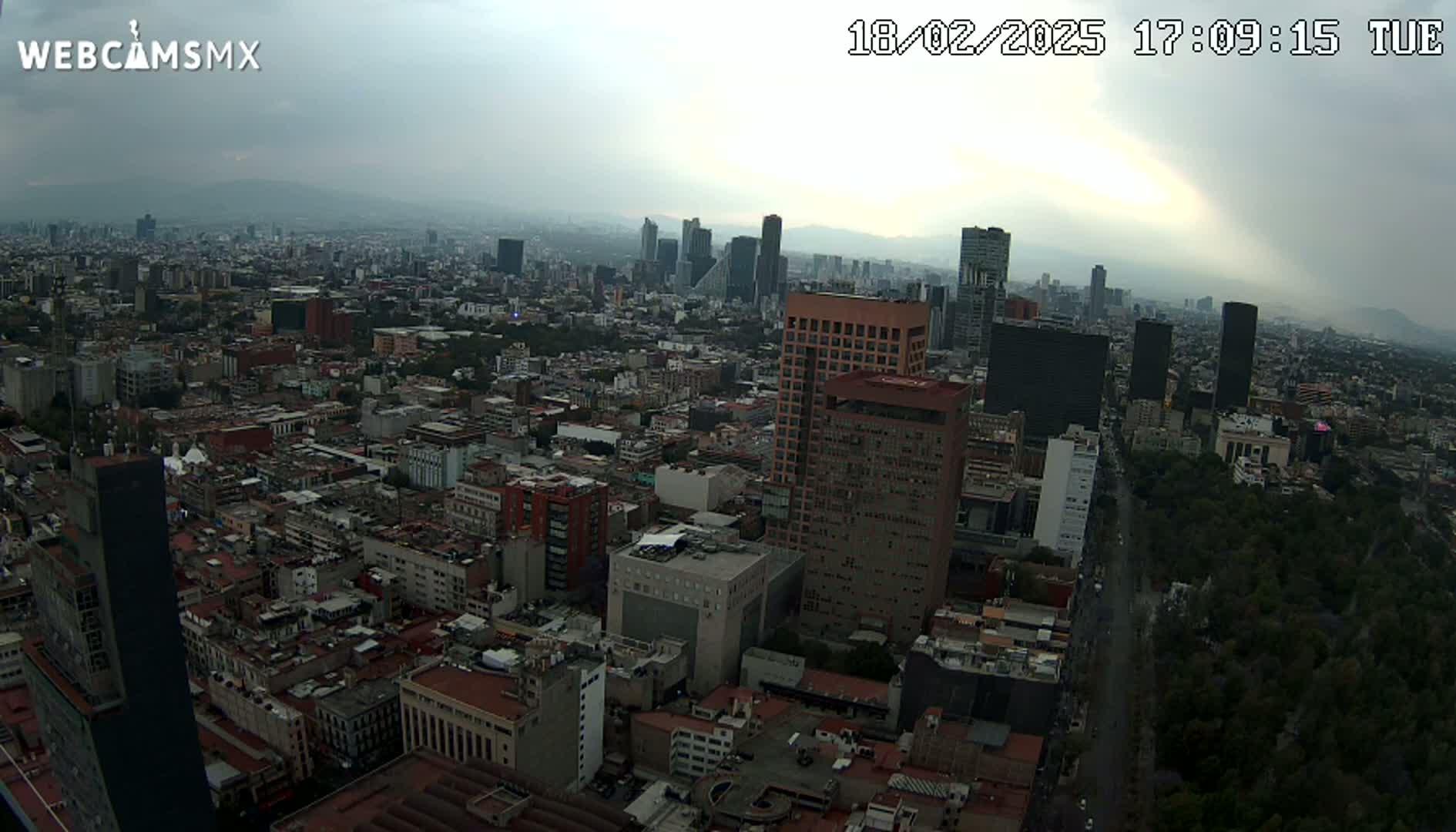 A high-angle, long shot of a sprawling city under an overcast sky shows numerous buildings of varying heights, with a large park visible in the bottom right corner.