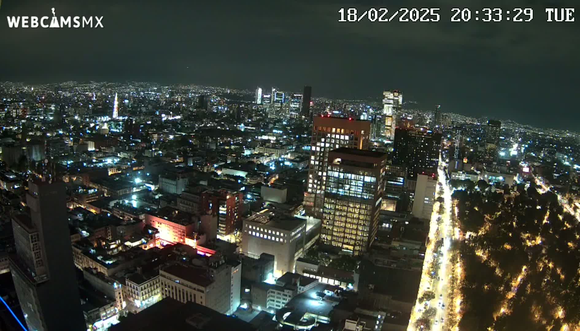 A nighttime aerial view of a sprawling city with illuminated buildings and streets, under a clear, dark sky.