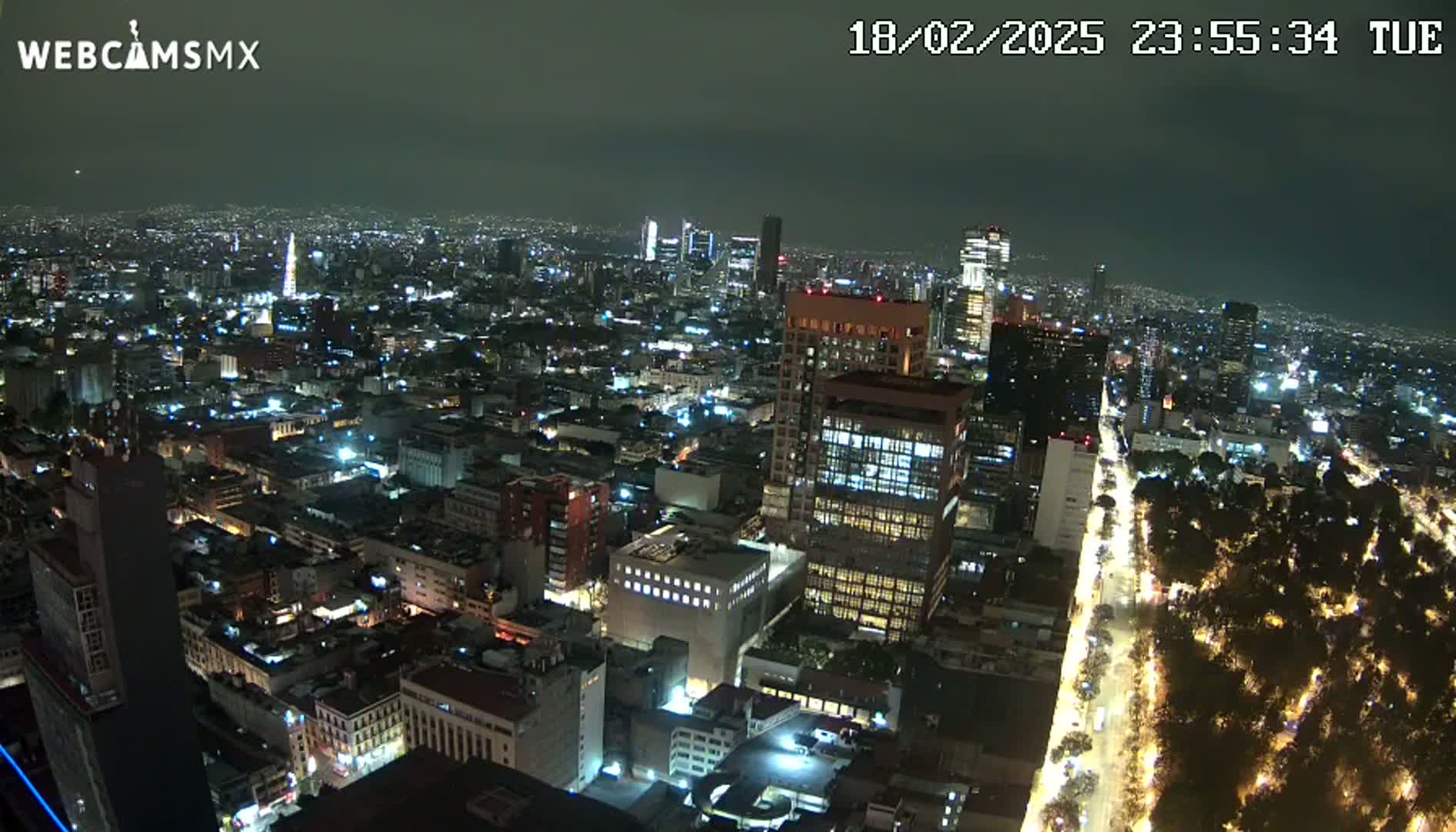 A nighttime aerial view of a sprawling city with brightly lit buildings and streets, and a large park visible along a main thoroughfare.