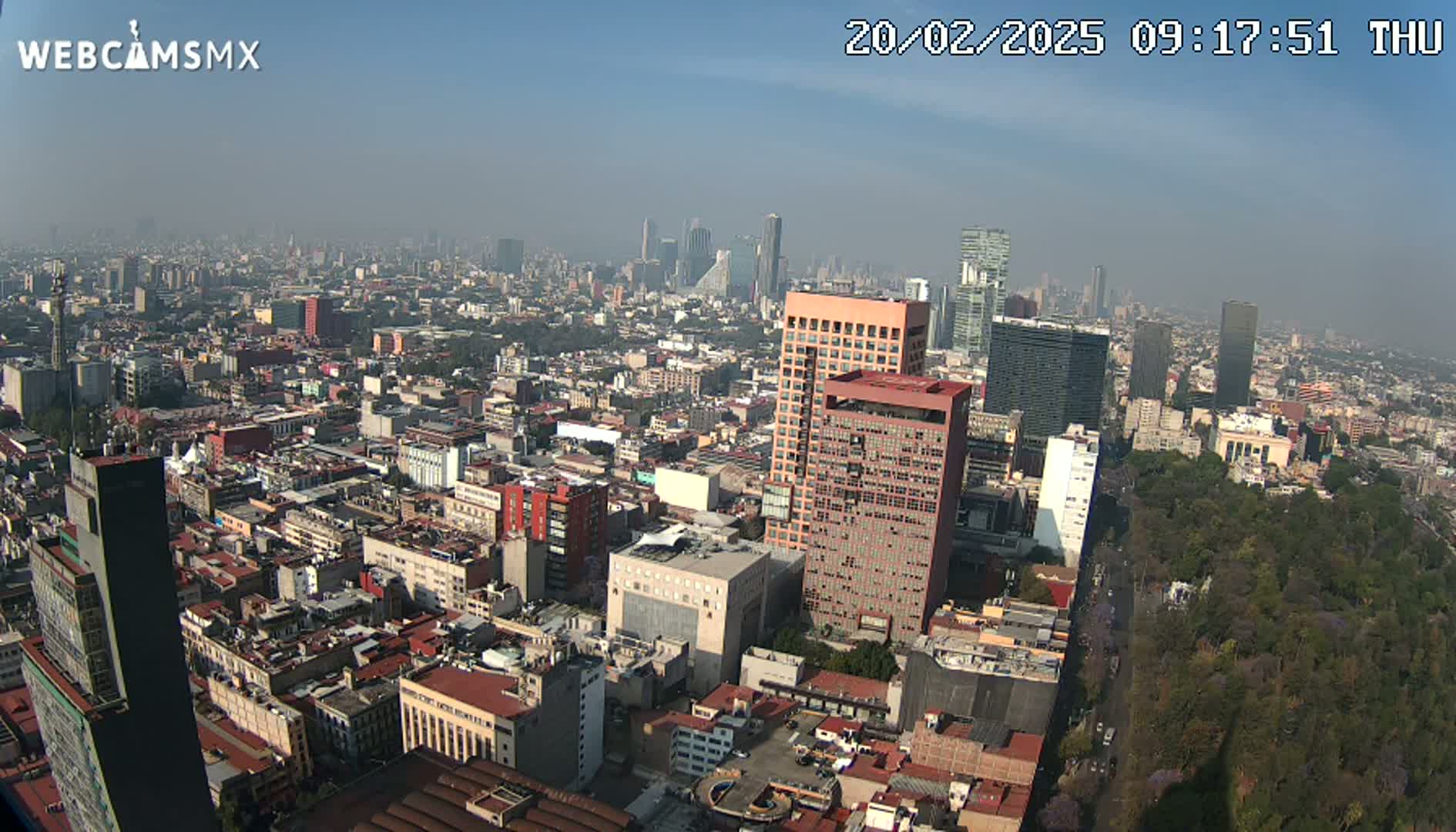 A hazy, high-angle view of a sprawling city with numerous buildings of varying heights, including several tall skyscrapers, and a large park visible in the lower right.