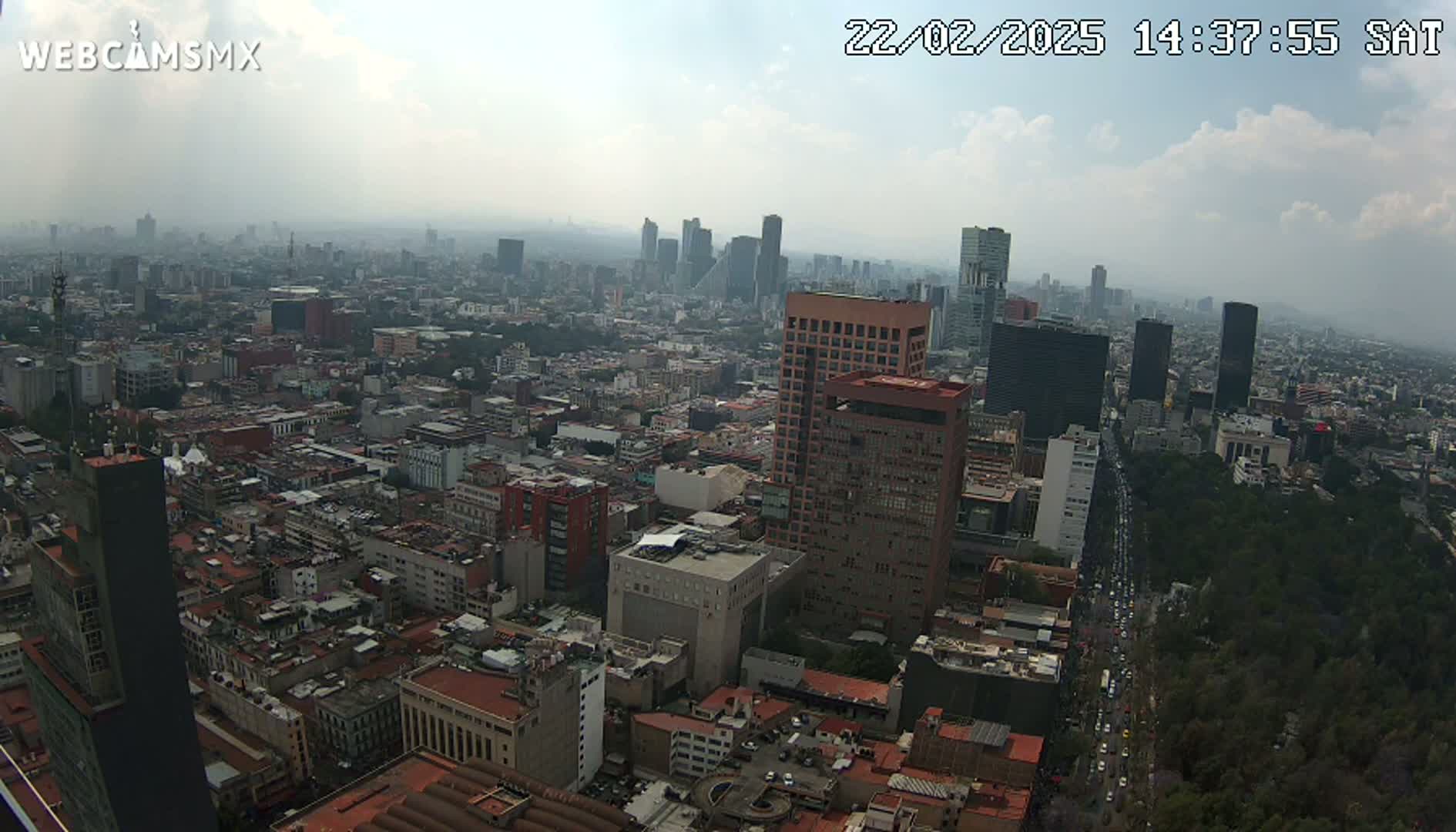A hazy, partly cloudy day reveals a sprawling cityscape of densely packed buildings, with taller skyscrapers standing prominently amidst a vast expanse of lower structures and green spaces.