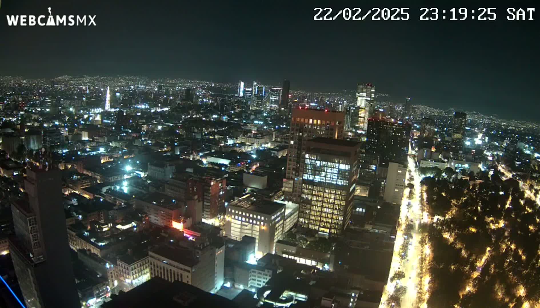 A nighttime, aerial view of a brightly lit city, with a long, tree-lined avenue cutting through the urban landscape.
