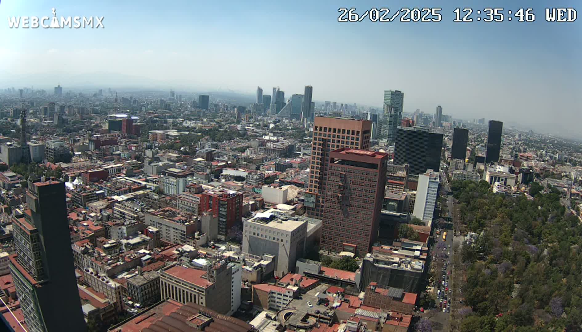 A high-angle, wide shot of a sprawling city on a hazy, sunny day, showing a mix of high-rise buildings and low-rise structures, with a large park visible to the right.