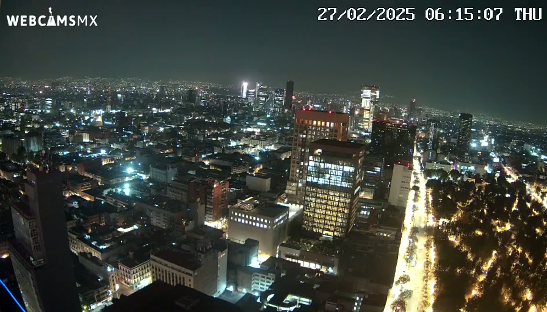 A nighttime, high-angle view of a sprawling city with illuminated buildings and streets, including a long, tree-lined avenue.
