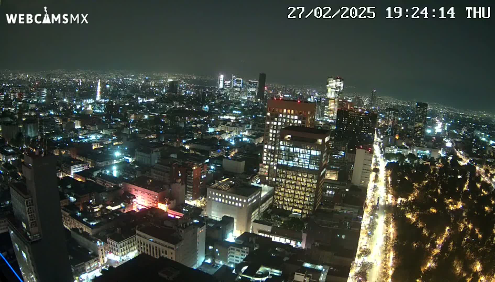 A nighttime aerial view of a sprawling city with brightly lit buildings and streets, and a large, dark park along a major thoroughfare.