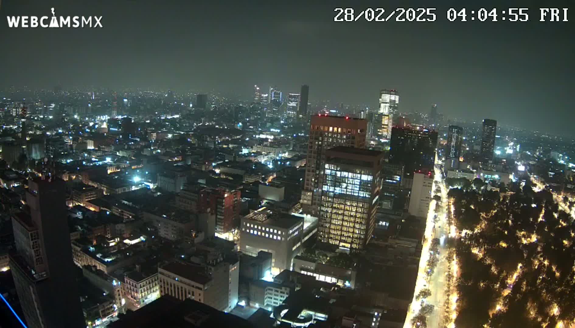 A nighttime, high-angle view of a sprawling city illuminated by lights, with a long, tree-lined avenue cutting through the urban landscape.
