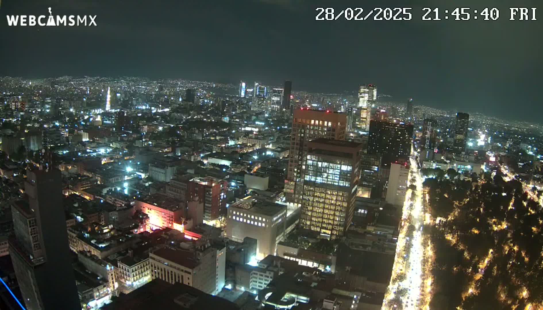 A nighttime, high-angle view of a sprawling city illuminated by streetlights and building lights, with a clear sky.