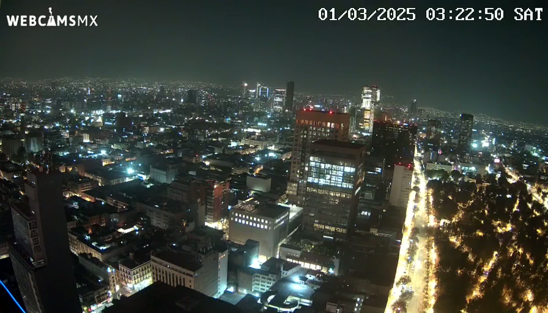 A nighttime, high-angle view of a sprawling city illuminated by streetlights and building lights.