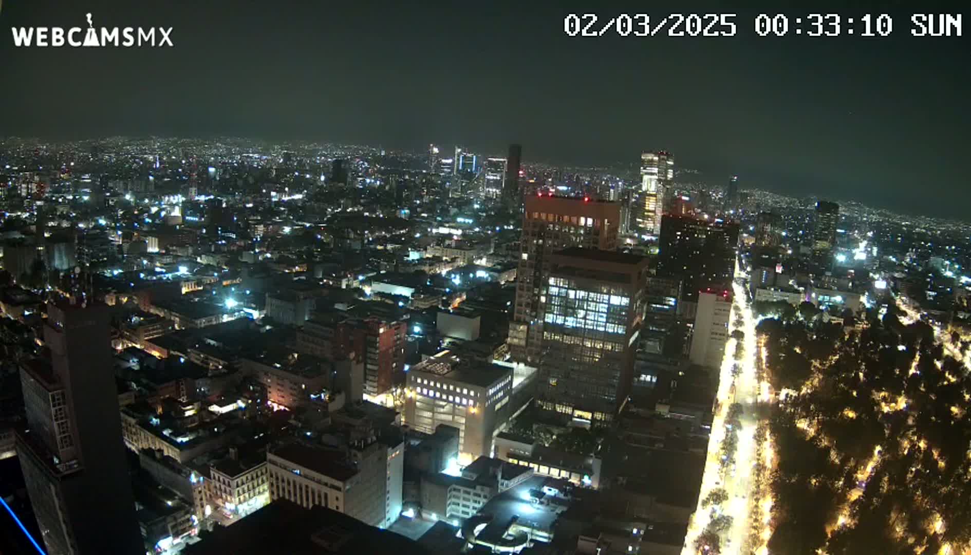 A nighttime, high-angle view of a city's illuminated skyline and streets, showing many buildings and a long, tree-lined avenue.