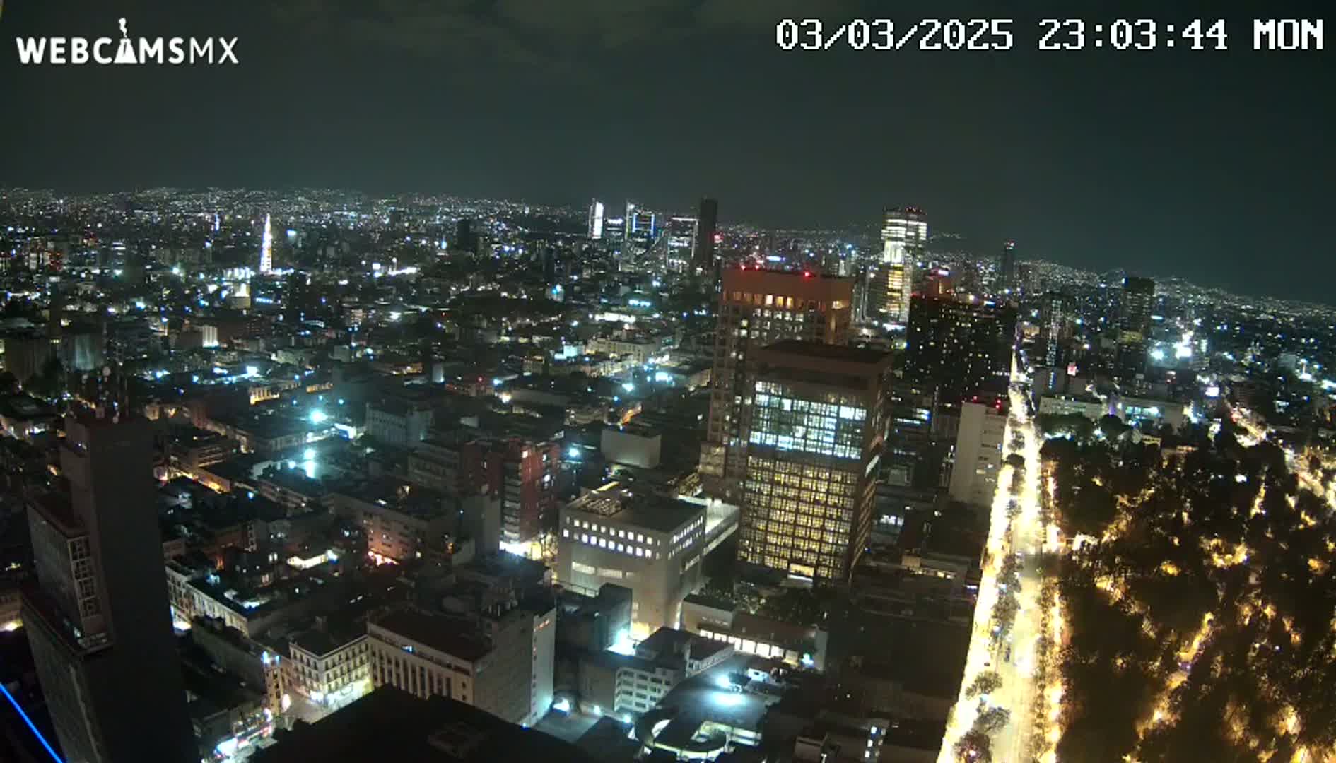A nighttime aerial view of a sprawling city with brightly lit buildings and streets, and a long, tree-lined avenue.