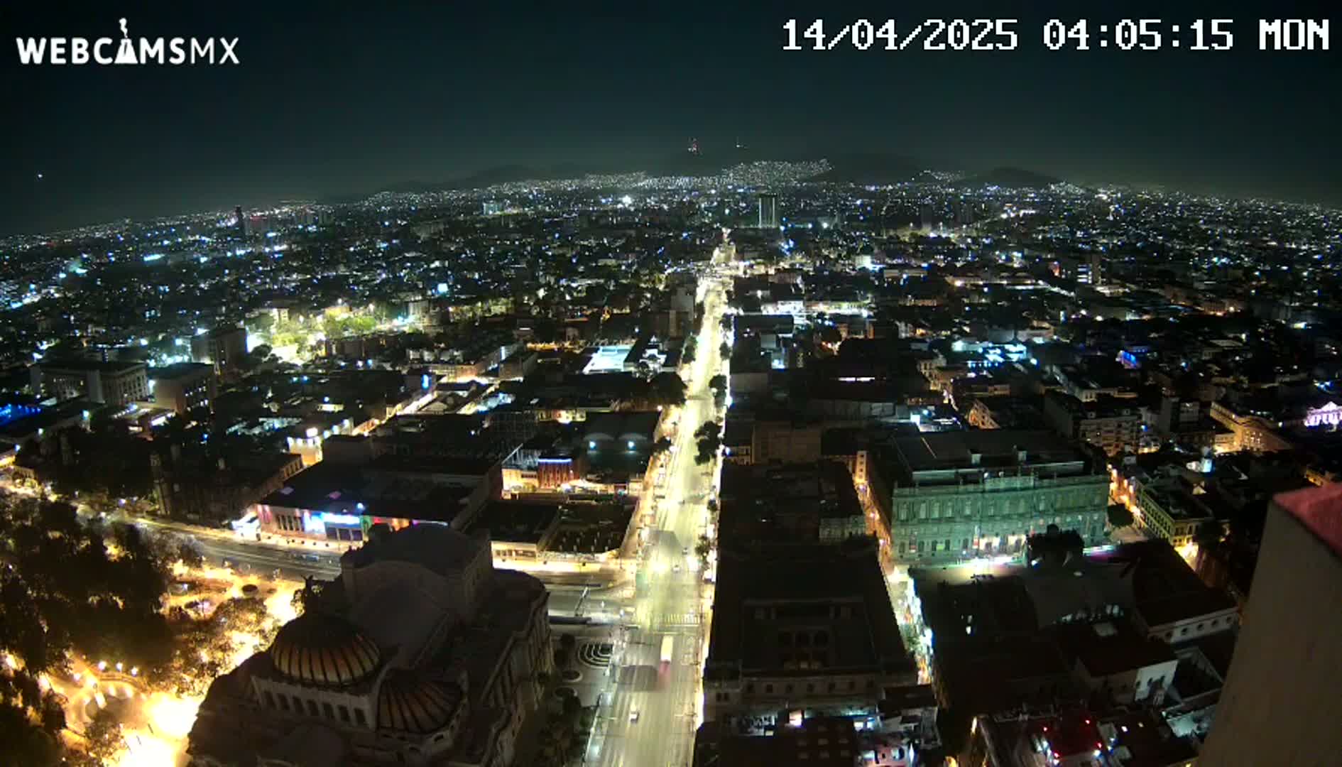 A nighttime, high-angle view of a sprawling city with brightly lit streets and buildings under a clear sky.