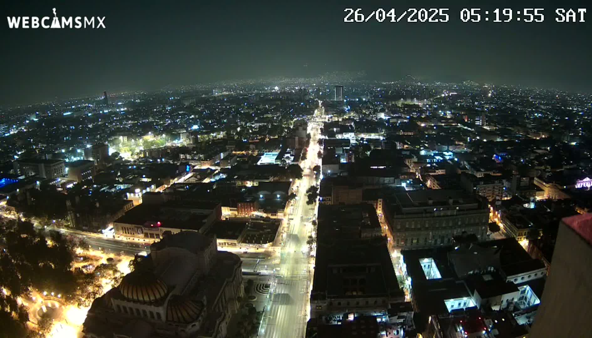 A nighttime, high-angle view shows a sprawling city illuminated by streetlights and building lights.