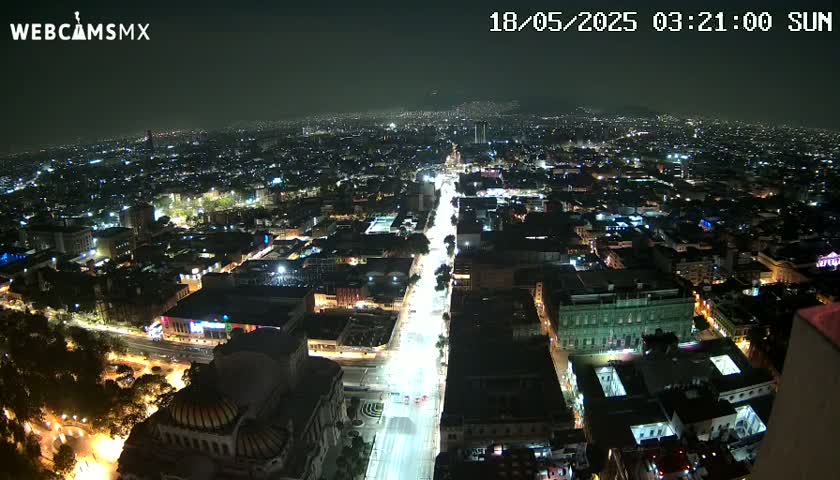 A nighttime aerial view of a city with brightly lit streets and buildings under a clear sky.