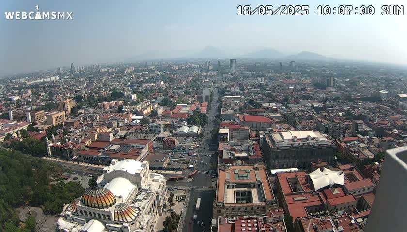 A hazy, sunny day view of a sprawling city, showing a long avenue cutting through the dense urban landscape.