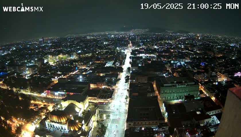 A nighttime aerial view of a city illuminated by streetlights and building lights, under a clear sky.