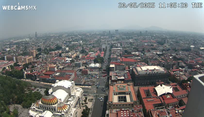 A hazy, high-angle view of a sprawling city, showing a mix of buildings and streets, with a large domed building prominent in the foreground.