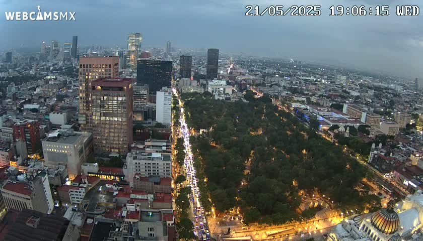 An aerial view at dusk shows a large city with a long, tree-lined park separating a busy roadway from high-rise buildings.