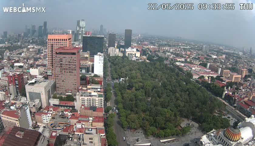 An aerial view of a large city park surrounded by densely packed buildings under a hazy sky.