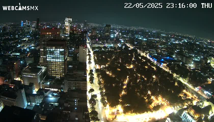 A nighttime aerial view of a city with a large park illuminated by lights, surrounded by brightly lit buildings and streets.