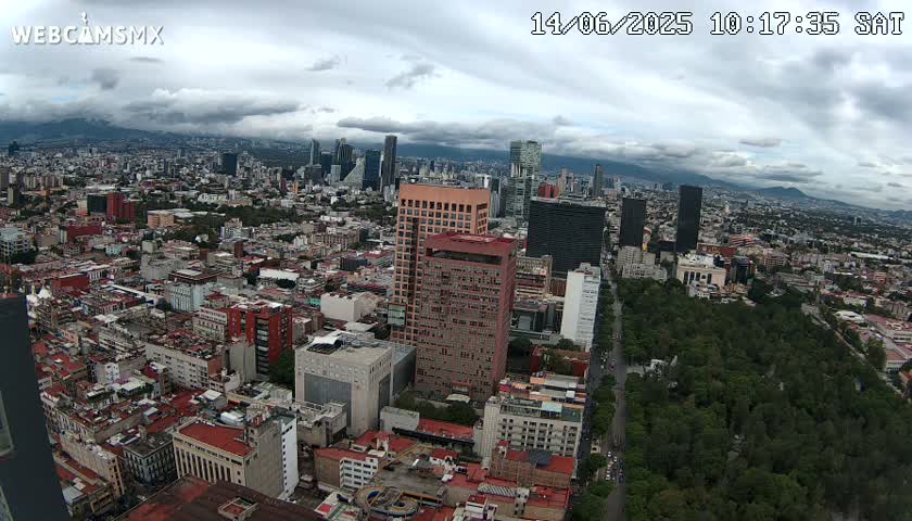 An aerial view of a large city on an overcast day shows many buildings, a large park, and distant mountains.