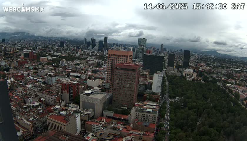 An aerial view of a large city on an overcast day shows many buildings, a large park, and distant mountains.