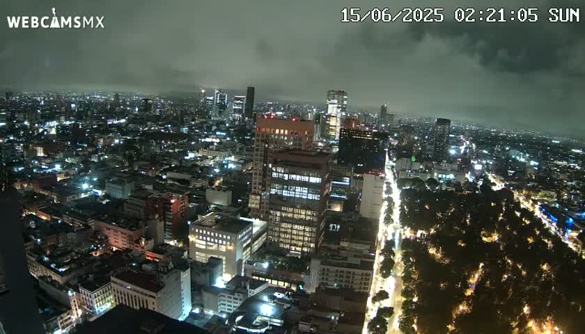 A nighttime aerial view of a city under a cloudy sky, showing illuminated buildings and streets, with a large park visible along a major thoroughfare.