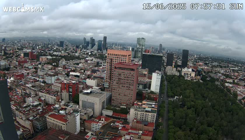 A sprawling cityscape under a cloudy sky, featuring numerous buildings of varying heights and a large expanse of green parkland.