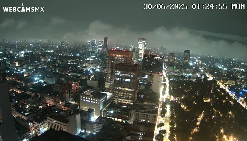 A nighttime aerial view of a city with many illuminated buildings and streets under a cloudy sky.