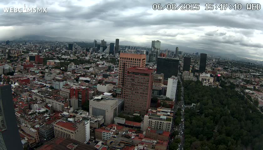 An aerial view of a sprawling city under a cloudy sky shows numerous buildings, a large park, and distant mountains.