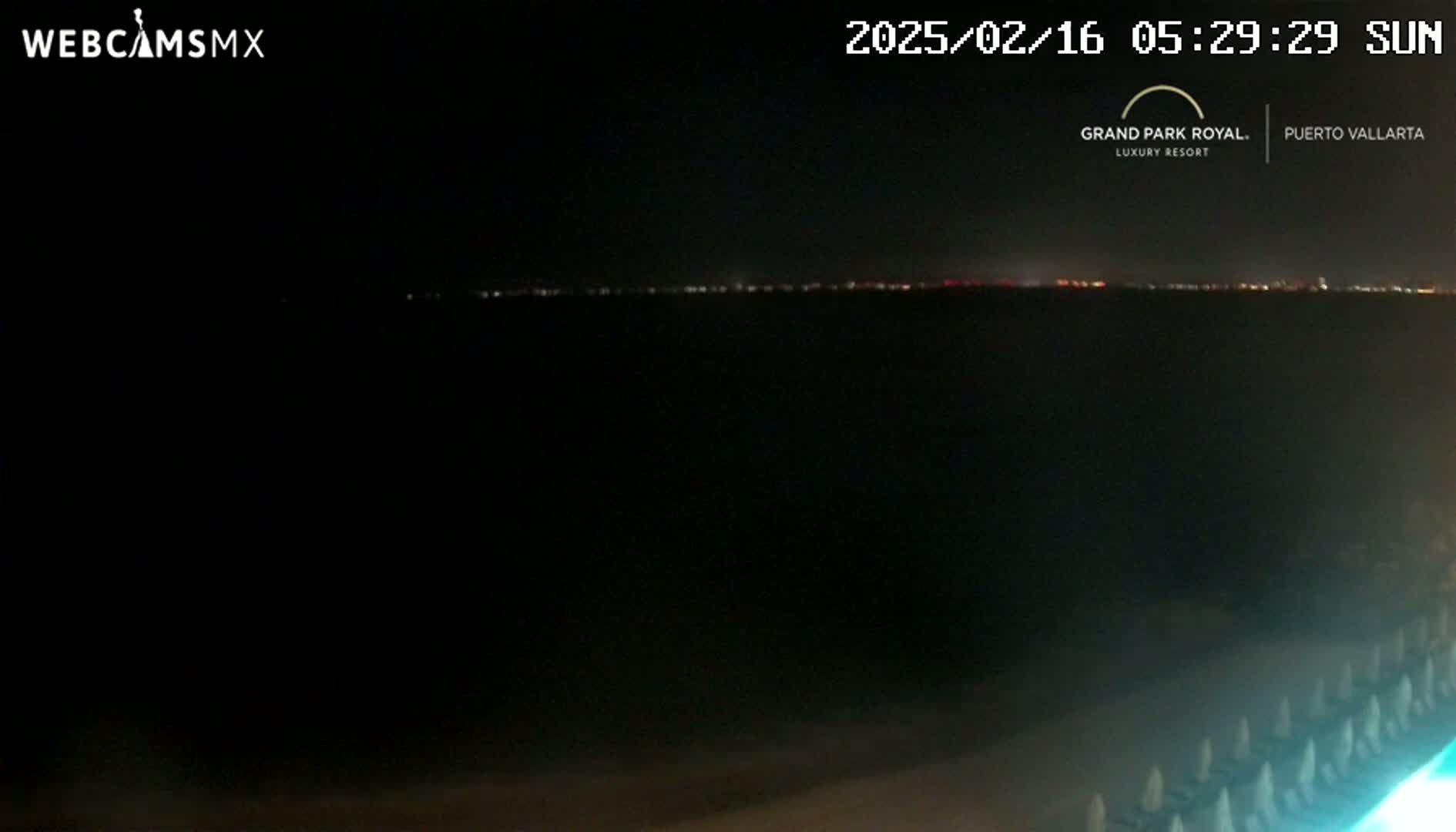 A nighttime view of a dark beach with a distant city skyline illuminated by lights, under clear skies.