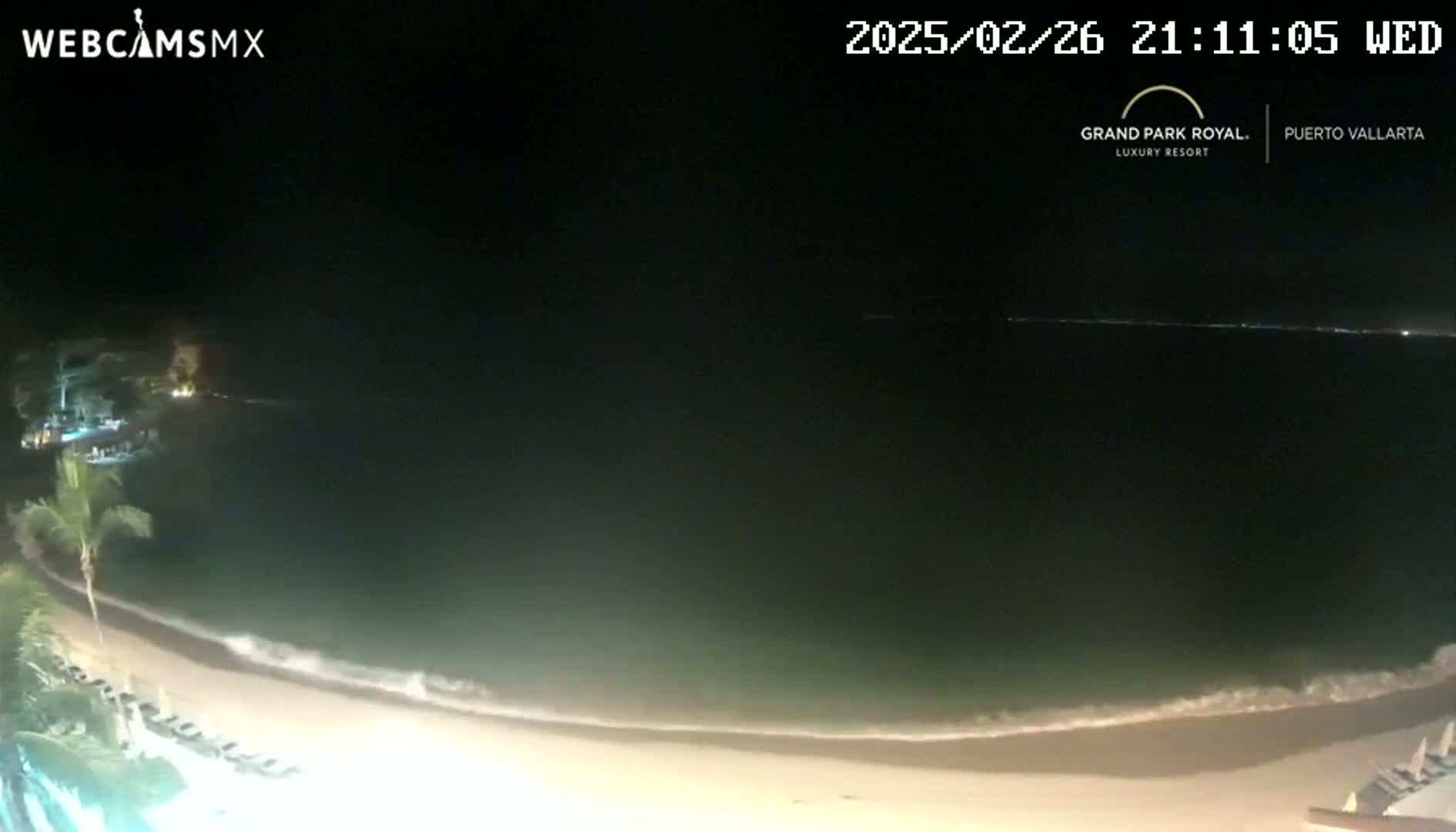 A nighttime beach scene shows a dark ocean with gentle waves lapping a sandy shore, partially illuminated by lights from a resort.