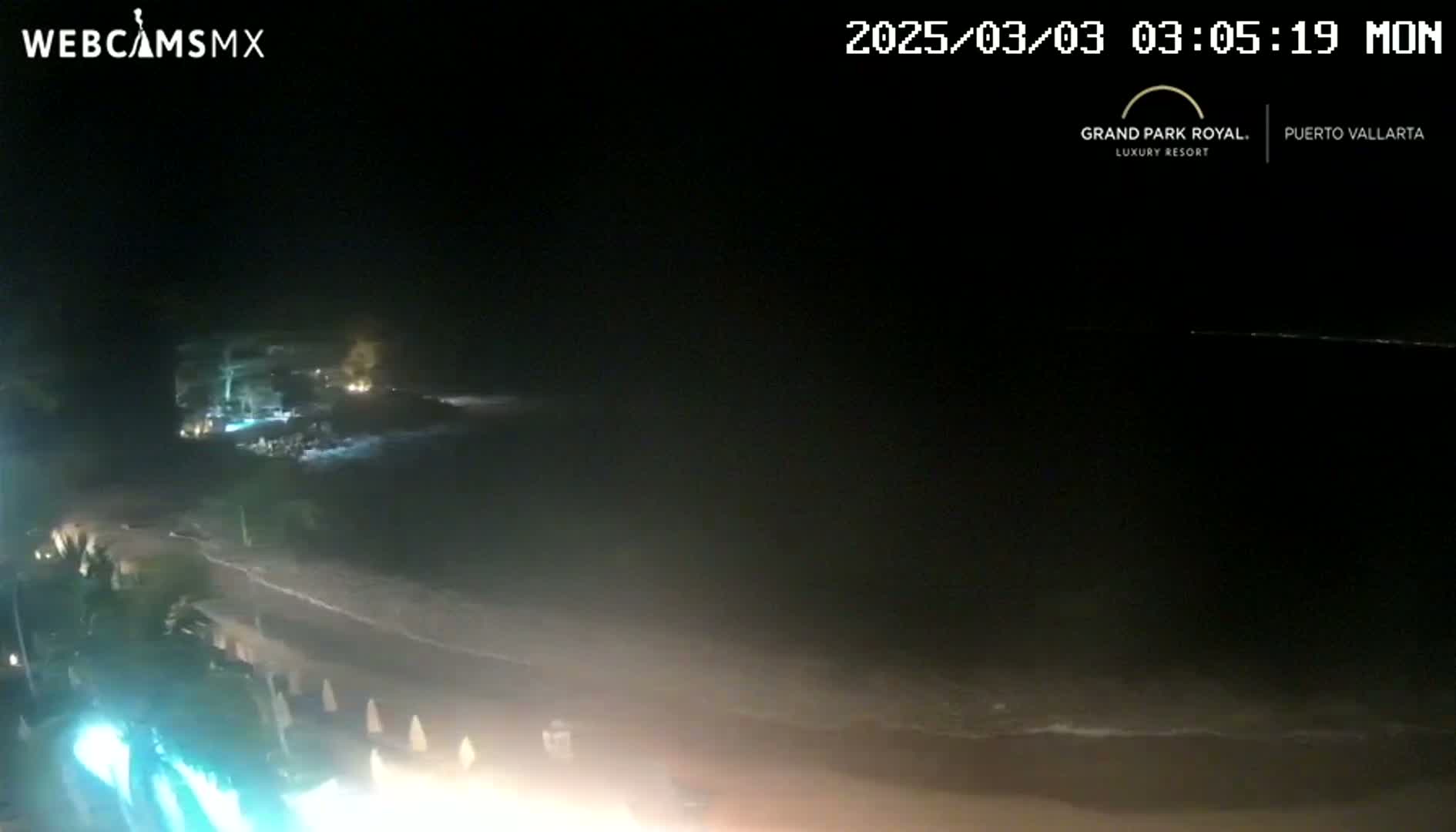A nighttime beach scene shows dark water lapping at a sandy shore under a clear, dark sky.