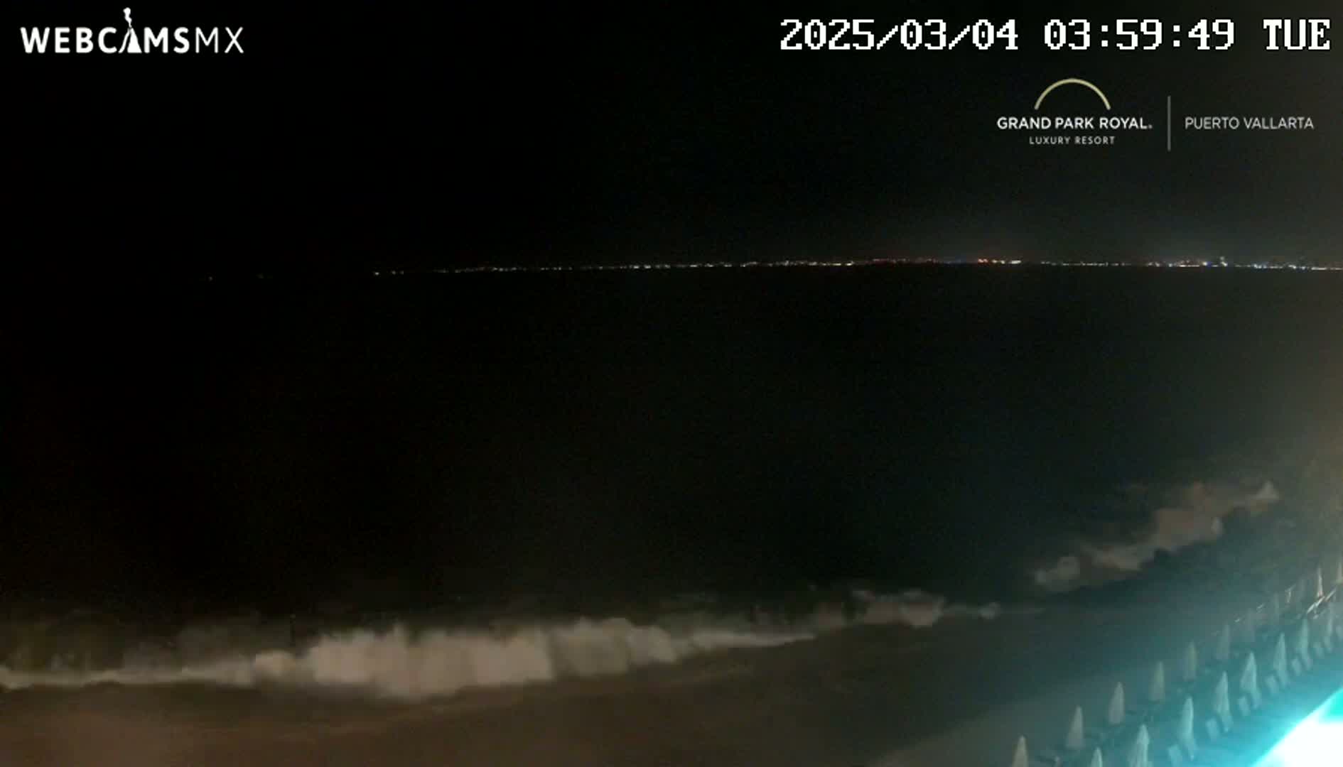A nighttime ocean scene shows waves crashing on a beach with a distant city skyline illuminated on the horizon.