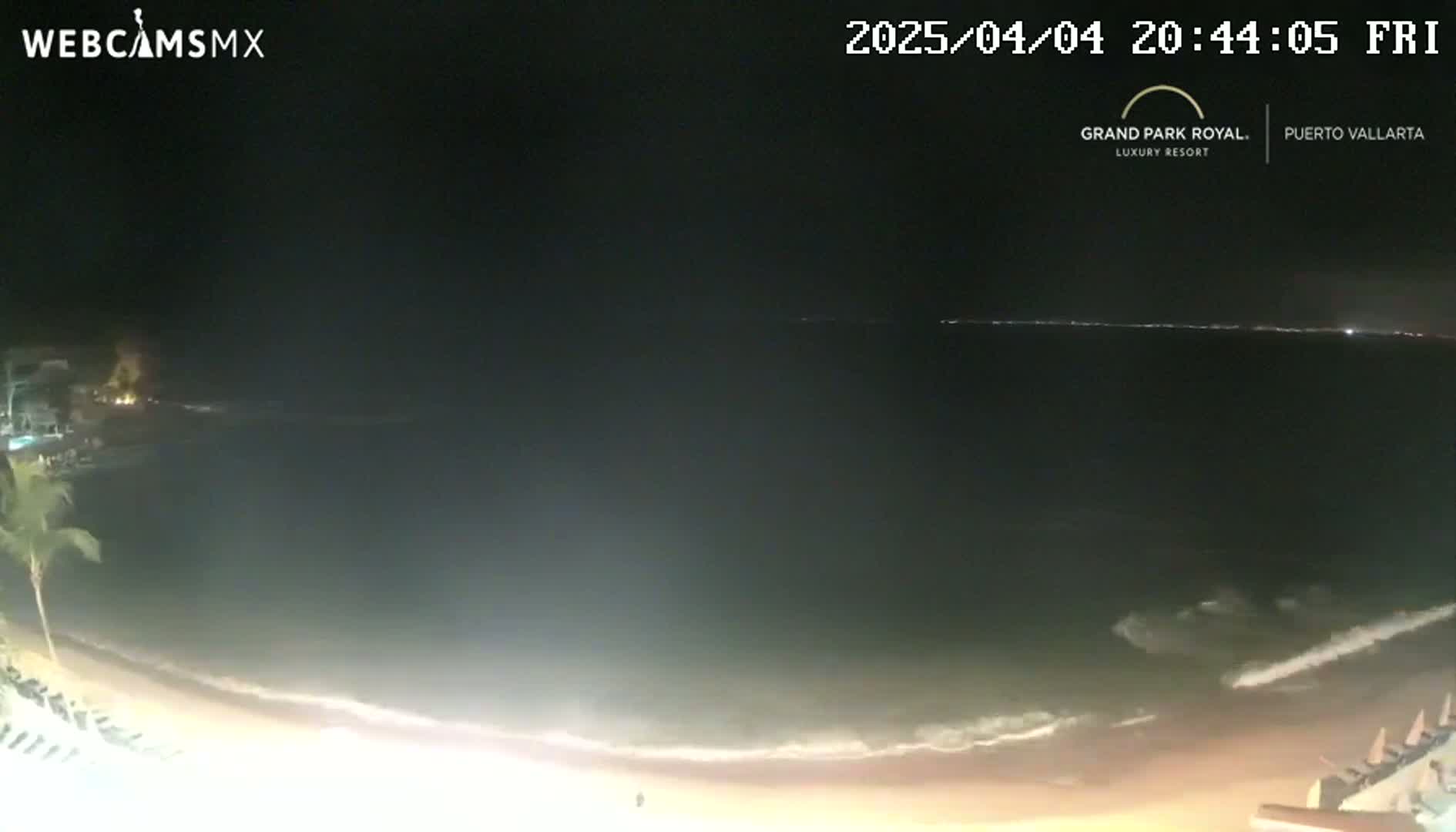 A nighttime beach scene shows calm waves lapping a sandy shore under a clear, dark sky.