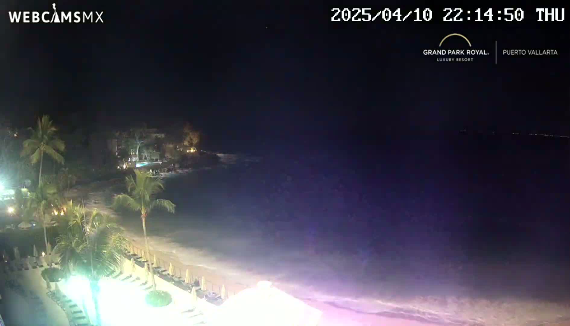 A nighttime beach scene shows a resort area with palm trees, lights, and a calm ocean under a clear, dark sky.