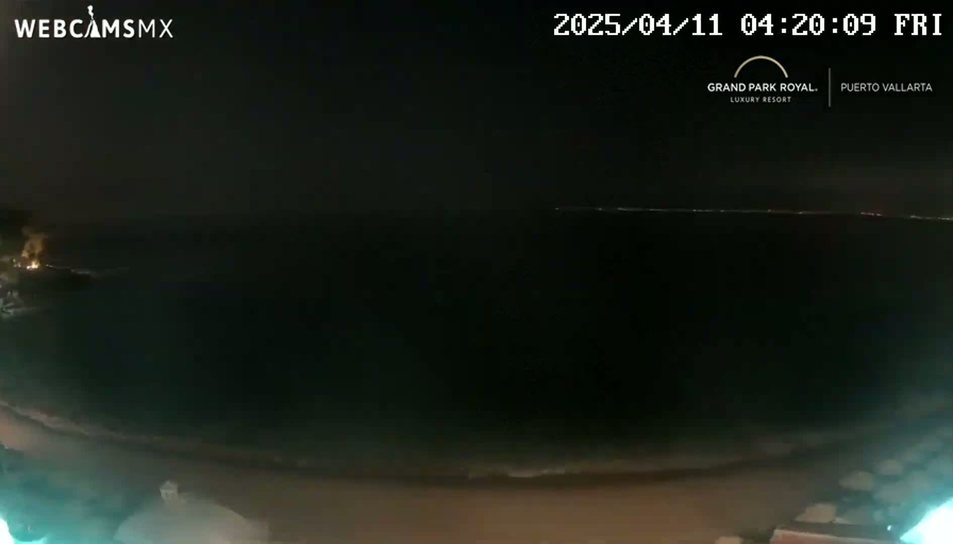 A nighttime view of a dark ocean meeting a sandy beach under a clear sky.