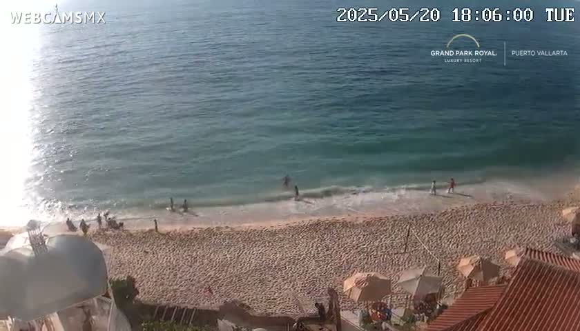 A sandy beach with several people on it and in the gently lapping ocean is seen from an elevated vantage point, under sunny skies.