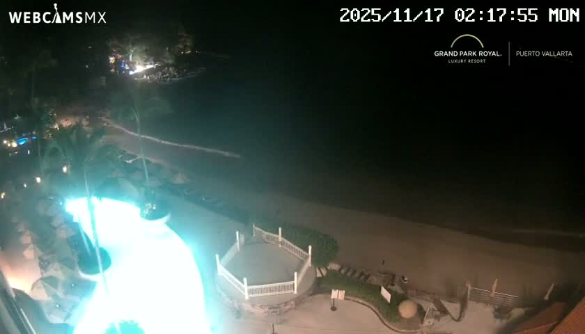 From an elevated perspective, a resort's brightly illuminated swimming pool, palm trees, and a hexagonal gazebo are seen at night, bordering a dark beach and the ocean under clear conditions.
