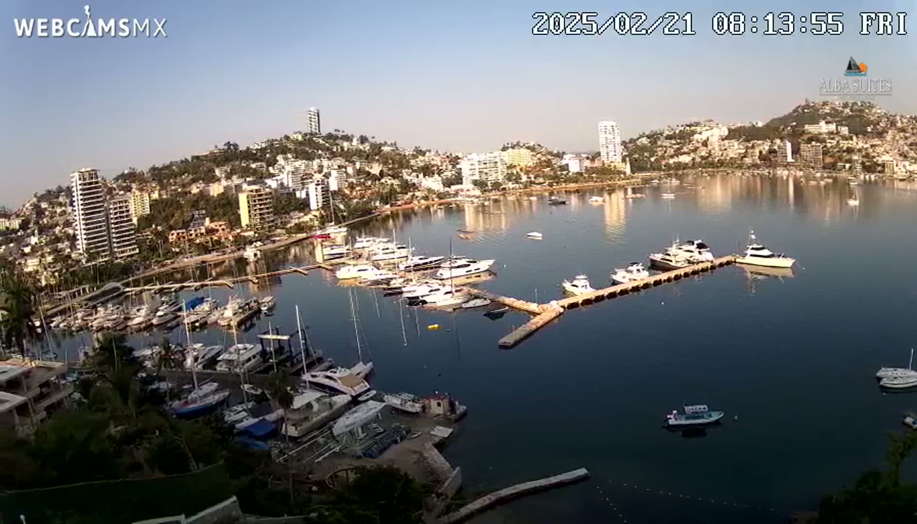 A marina filled with numerous yachts and boats is nestled within a coastal city on a clear, sunny day.