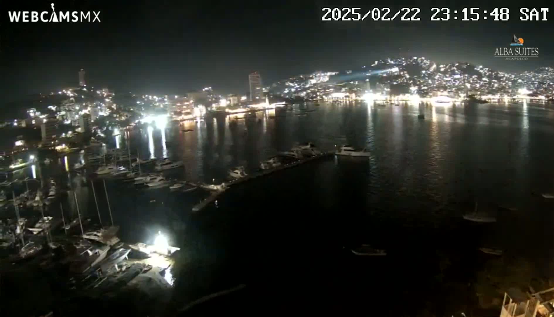 A nighttime view of a city harbor filled with boats, with a brightly lit city skyline in the background under a clear sky.