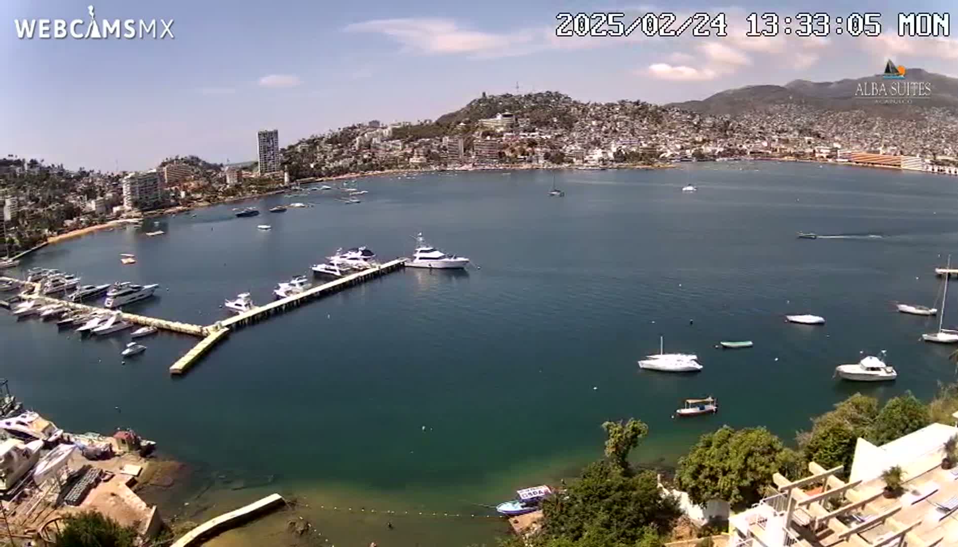 A marina filled with boats is nestled in a bay next to a city situated on a hillside under a mostly sunny sky.