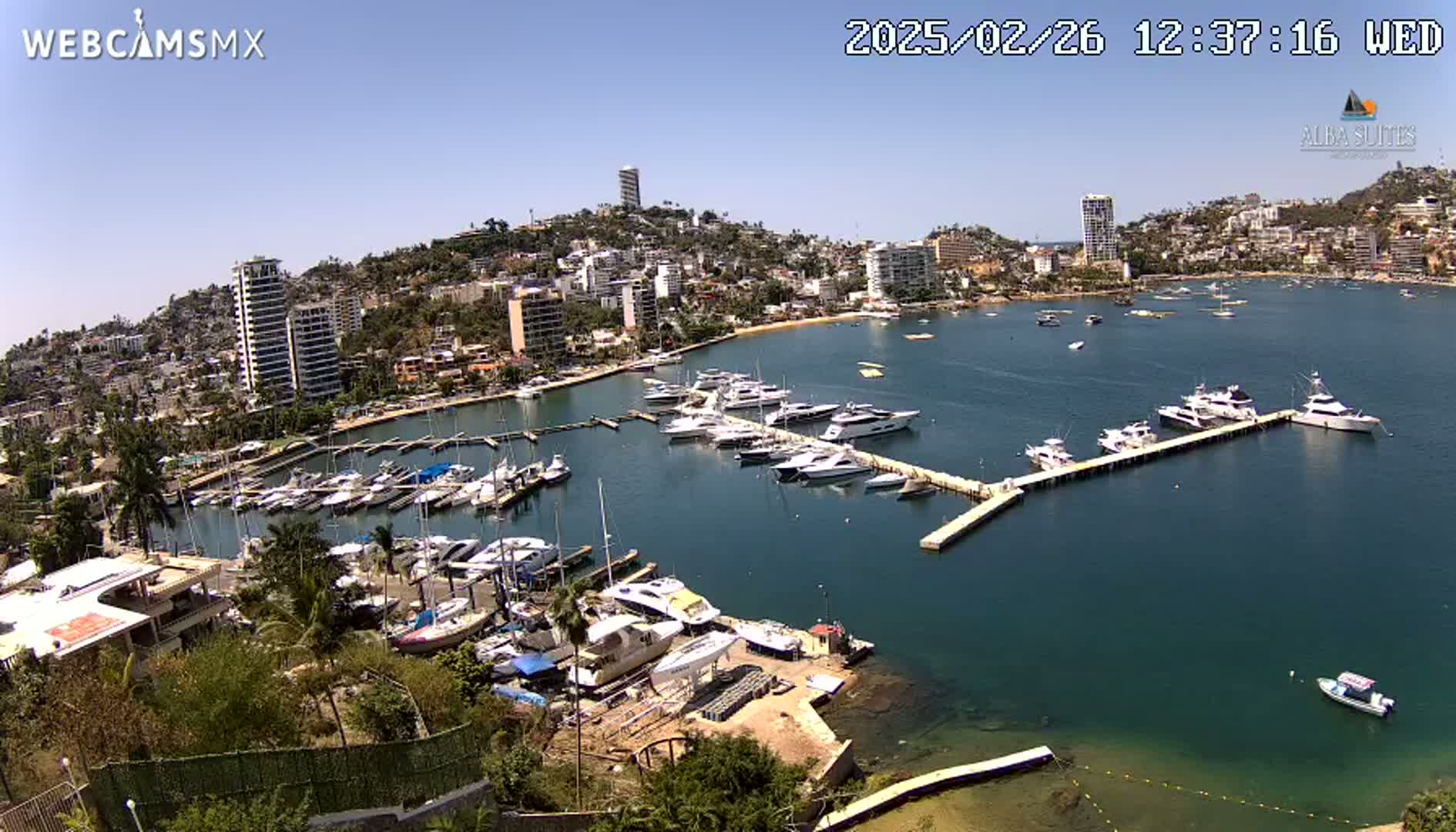 A marina filled with numerous boats and yachts is situated in a bay next to a hillside town under a clear blue sky.
