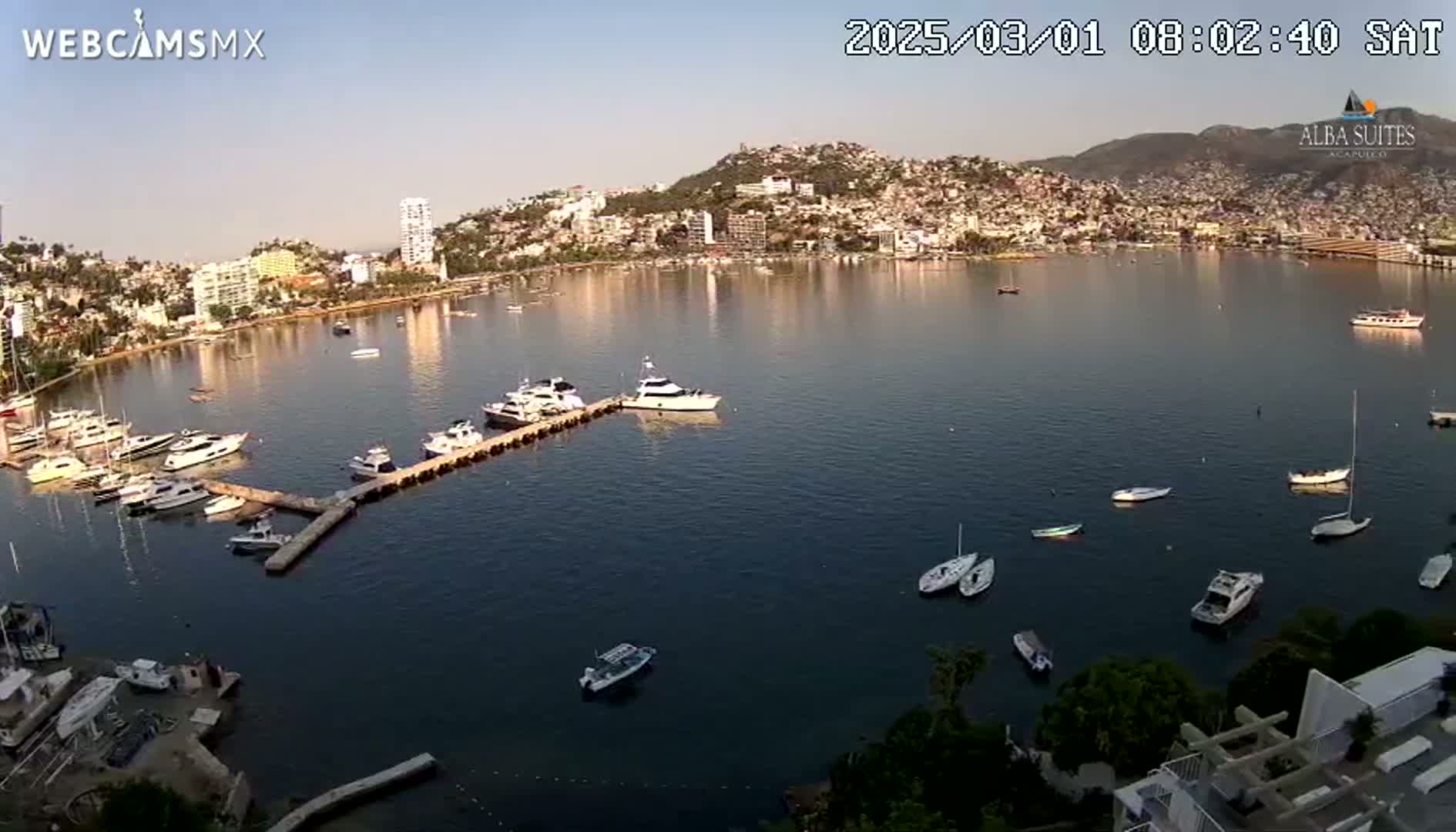 A calm bay with numerous boats docked and anchored, surrounded by a hillside town under a clear morning sky.