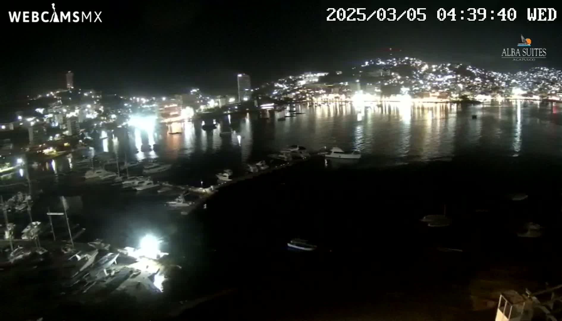 A nighttime view of a harbor filled with boats, with a brightly lit city rising up on a hill in the background under a clear sky.