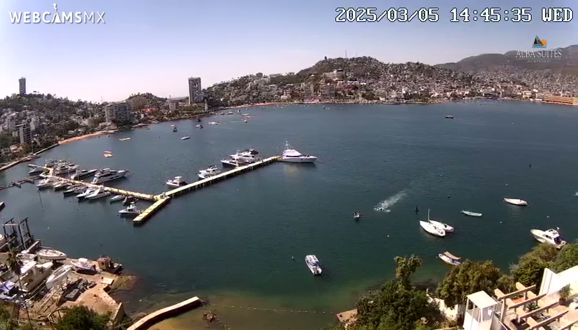 A marina filled with boats is nestled in a bay next to a city on a sunny day.