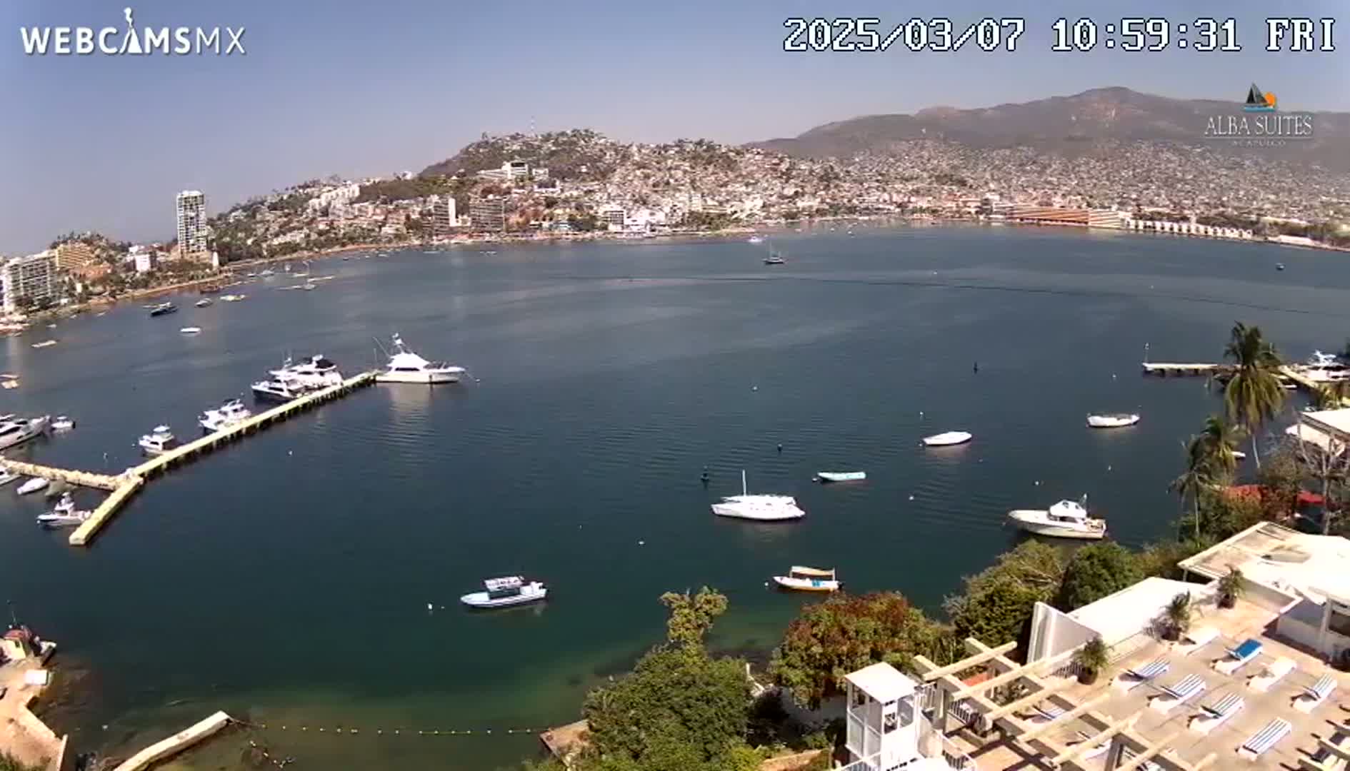 A sunny day overlooking a calm bay with numerous boats docked and anchored, a city sprawled across a hillside in the background.