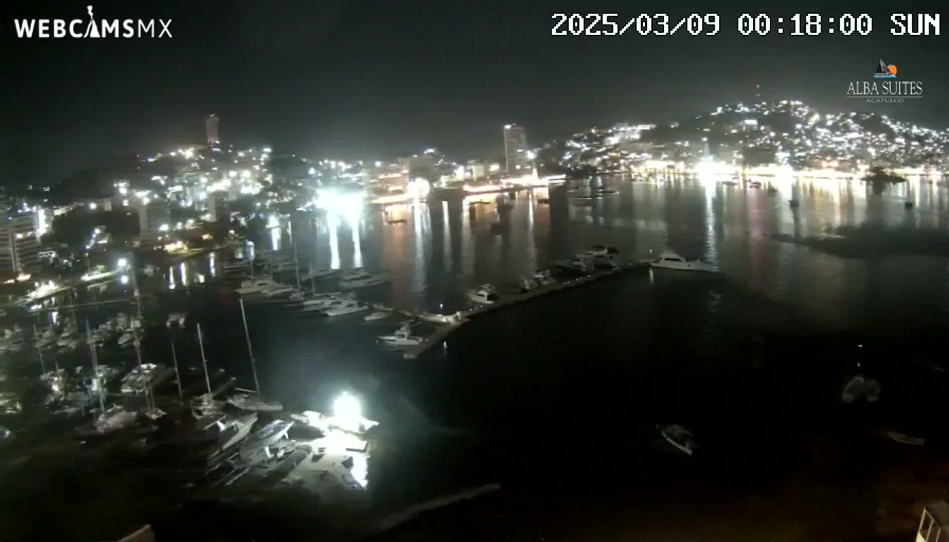 A nighttime view of a brightly lit city harbor filled with numerous boats and yachts, under a clear sky.